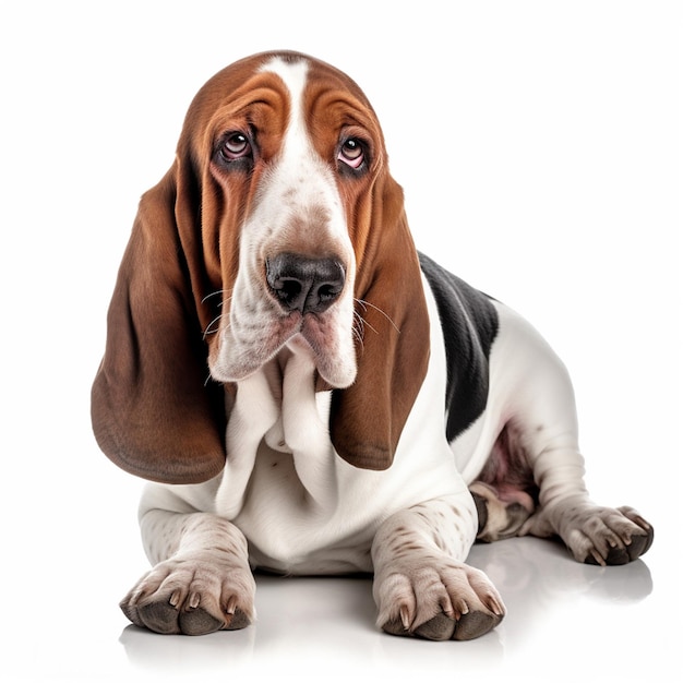 Een basset hound dog met een droevige blik op zijn gezicht