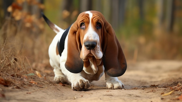 Een basset hound dog op een onverharde weg