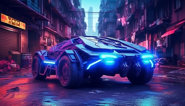 Een batmobile in een stadsstraat met neonlicht