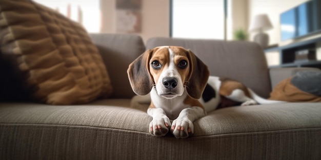 Een beagle die op een bank ligt met zijn pootjes omhoog.