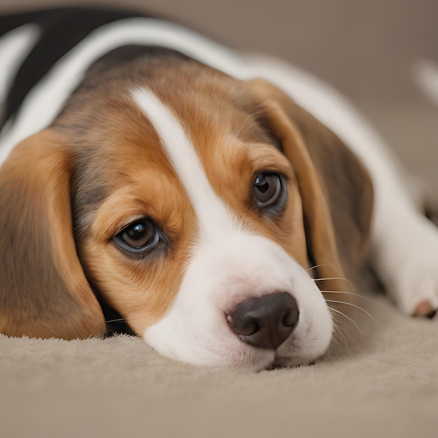 een beagle hond die op een tapijt ligt met een witte streep op zijn gezicht