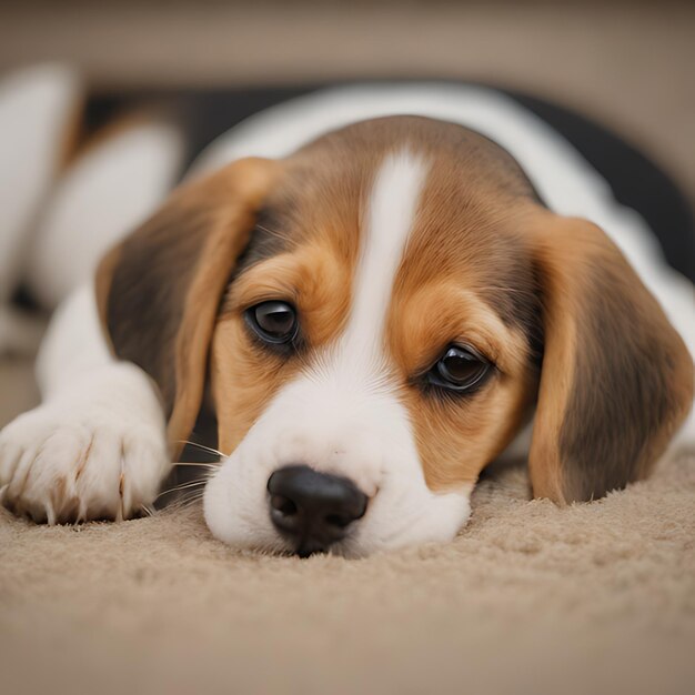 een beagle hond die op een tapijt ligt met een zwarte vlek op zijn gezicht