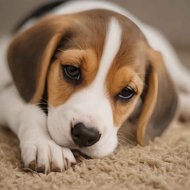 een beagle hond die op een tapijt ligt met zijn ogen gesloten