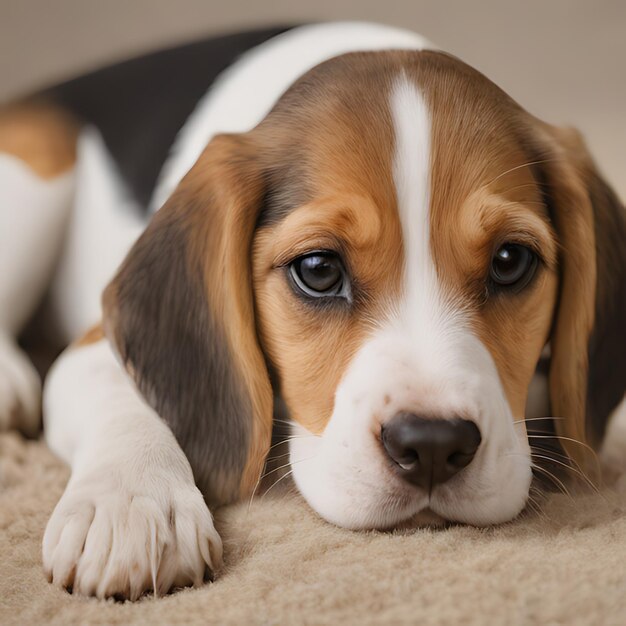 een beagle hond die op een tapijt ligt met zijn ogen open