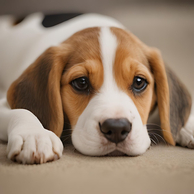 een beagle hond die op het tapijt ligt met zijn ogen open