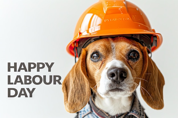 Een beagle hond in een bouwhelm rechts van de afbeelding tekst HAPPY LABOUR DAY op de linker witte achtergrond