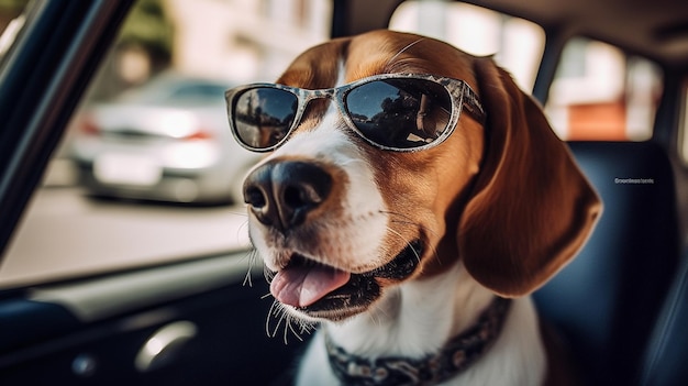 Een beagle met een zonnebril op zit in een auto.