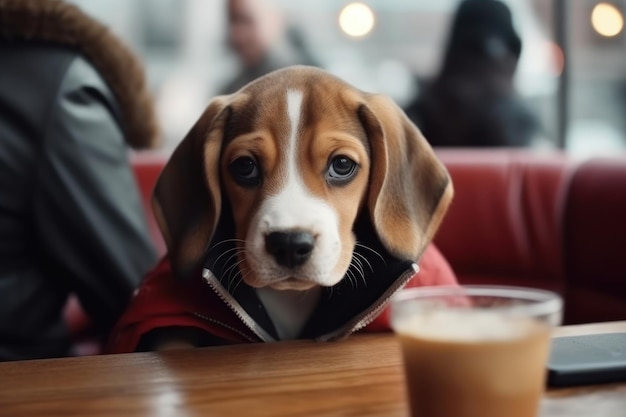 Een Beagle-puppy gekleed in casual kleding die in een coffeeshop zit en koffie drinkt