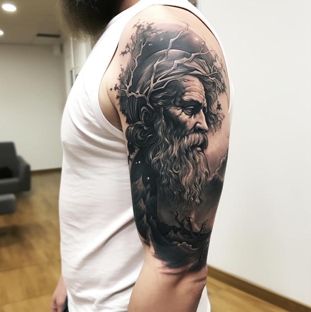 Een bebaarde man met een baard en baardtattoo