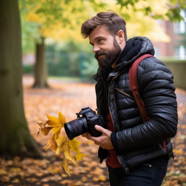 een bebaarde man met een camera in de herfstbladeren