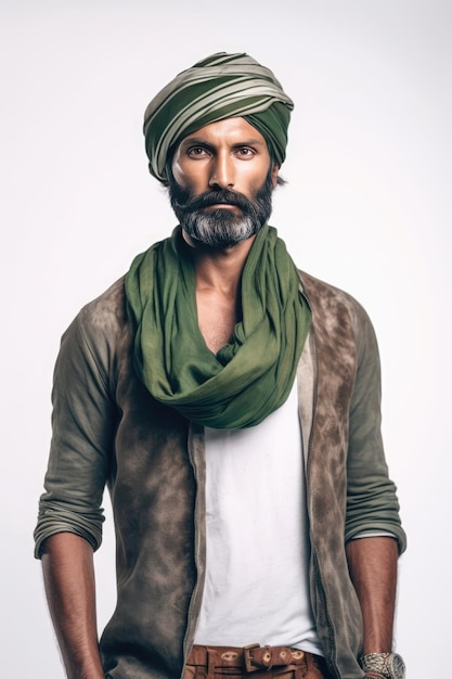 Foto een bebaarde man met een tulband en een groene sjaal