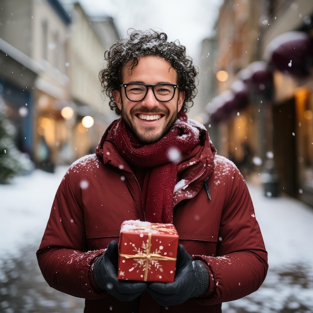 Een bebaarde man staat voor de camera met een geschenkdoos in zijn hand