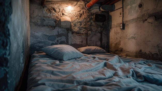 Foto een bed in een geheime schuilplaats verberg je voor mensen of rampen in een bunker