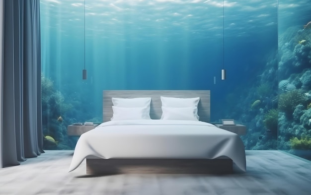 Een bed in een hotelkamer met uitzicht op zee.