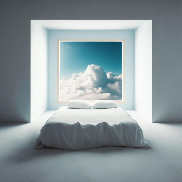 Een bed met een afbeelding van een blauwe lucht aan de muur