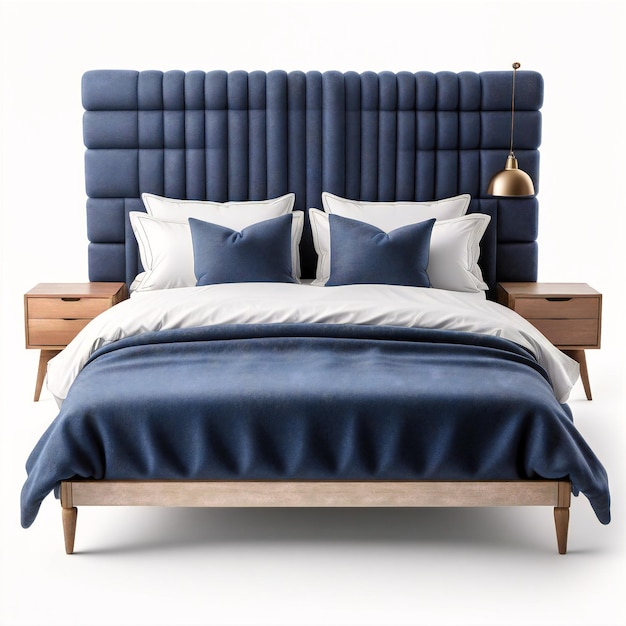 een bed met een blauw fluweel hoofdbord en kussens