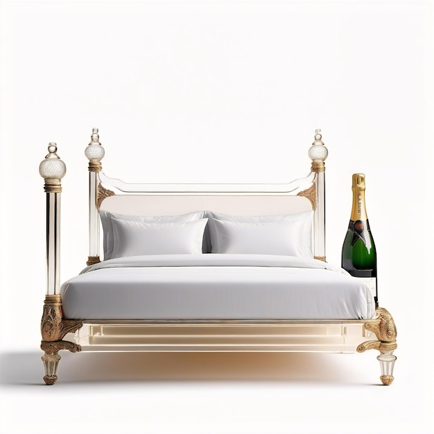 een bed met een fles champagne bovenop