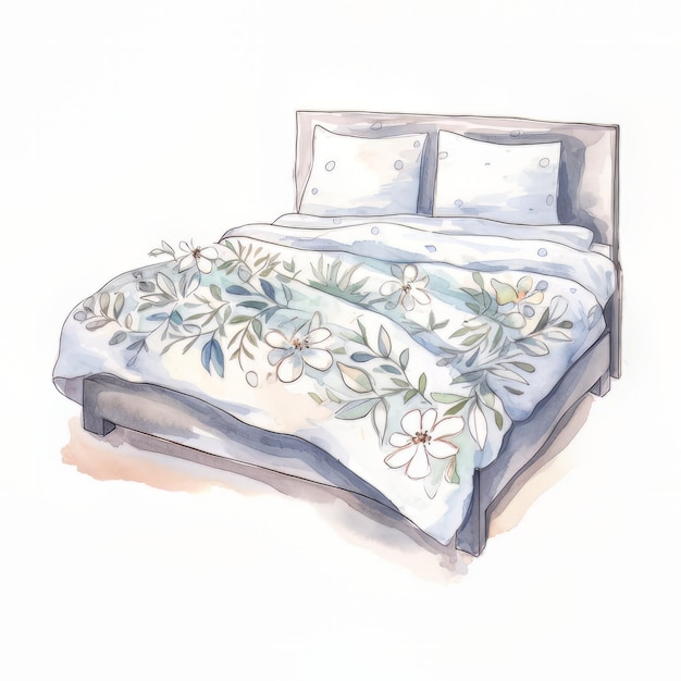 Een bed met een gebloemde sprei en een kussensloop met een bloemdessin.