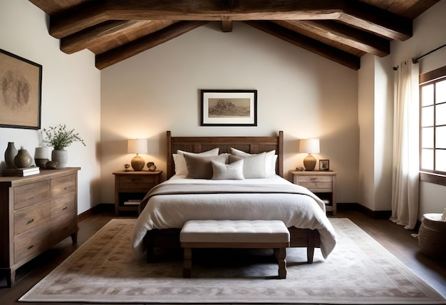 een bed met een houten hoofdbord en een houten frame met een afbeelding van een lamp erop