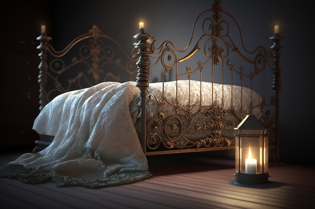 Een bed met een lamp ernaast waarop "het woord" staat. "