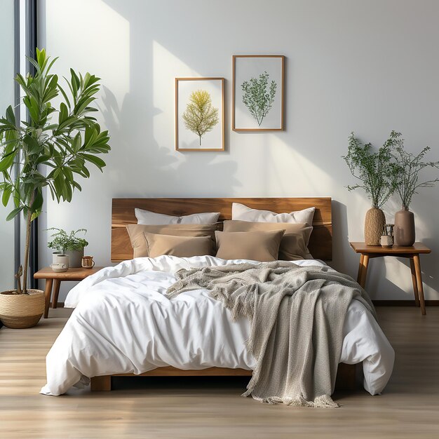 Een bed met een wit dekbed en een plant op tafel