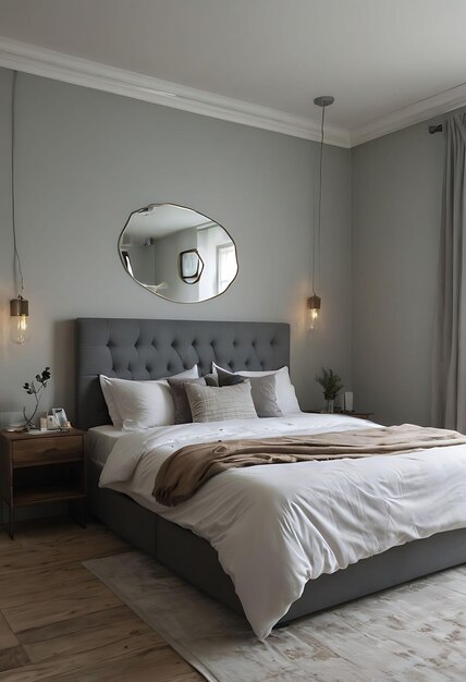 Foto een bed met een witte comforter en een spiegel op de muur