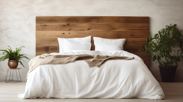 Een bed met een witte dekbed en een houten hoofdeinde