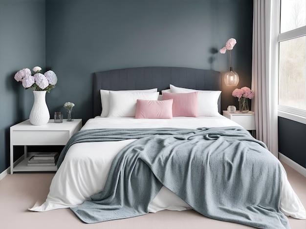 Een bed met kussens en een grijze deken bij een raam op een grijze muur