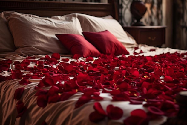 Een bed met rode rozen erop en een wit kussen met de woorden " bloemblaadjes " op het bed.
