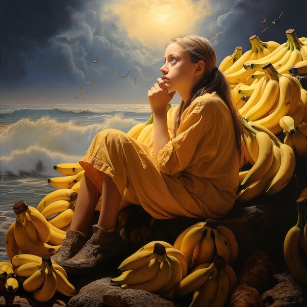 Foto een bedachtzaam meisje in een felgele jumpsuit zit op een bananenberg bij de zee ai gegenereerde kunst concept van voedsel vruchten levensstijl