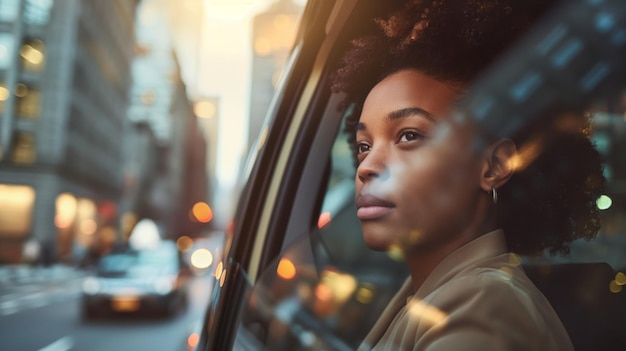 Een bedachtzame Afro-Amerikaanse zakenvrouw kijkt uit het raam tijdens een taxirit door de stad.