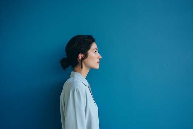 Foto een bedachtzame jonge vrouw die tegen een blauwe muur staat.