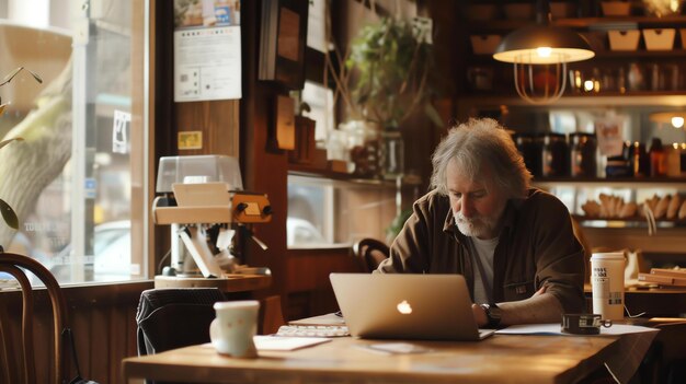 Een bedachtzame oudere man die een laptop gebruikt in een koffieshop.