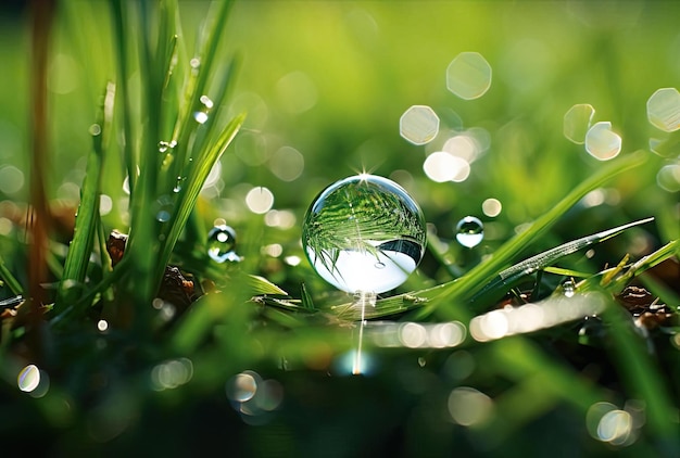 Foto een bedauwde druppel water is op een grassprietje gevallen, alsof de zonnestralen erop schijnen