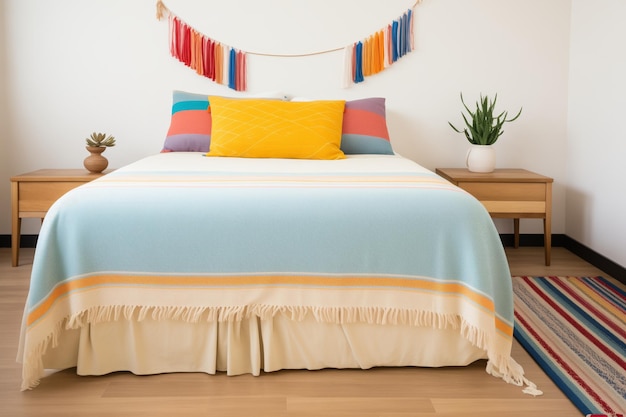 Een bedspread met randen op een platformbed