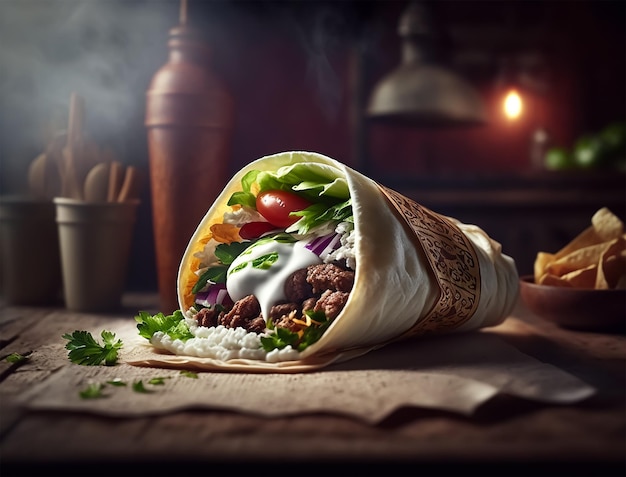 Een beef burrito met rijst, tomaten en uien op een tafel.