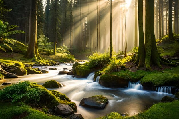 een beek in een bos met een waterval en zonnestralen