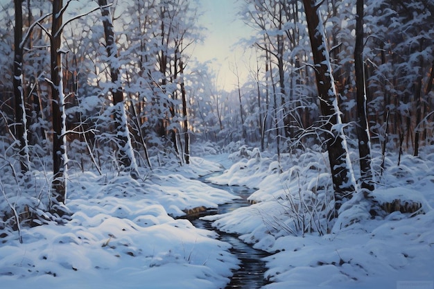 een beek in het bos met sneeuw op de takken