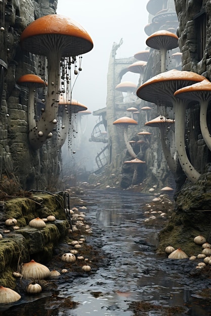 een beekje met paddenstoelen die groeien in een ravijn