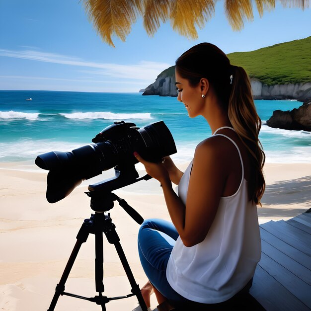 Een beeld dat ik in mijn hoofd zie is van een vrouw die bij het strand staat met een camera in haar hand en een foto maakt.
