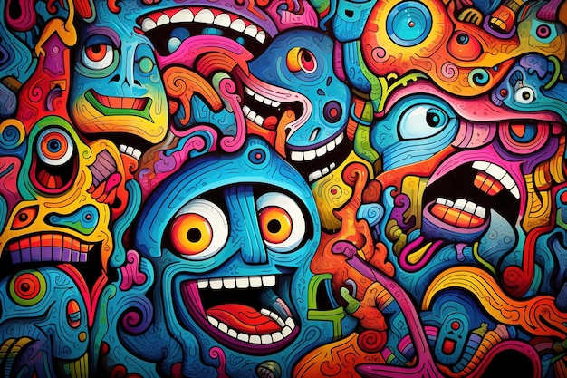 Een beeld in de stijl van graffiti met elementen van straatkunst art nouveau psychedelisch surrealisme pop art cartoonishness tekening en textuur Straatcultuur jeugdkunst en creativiteit