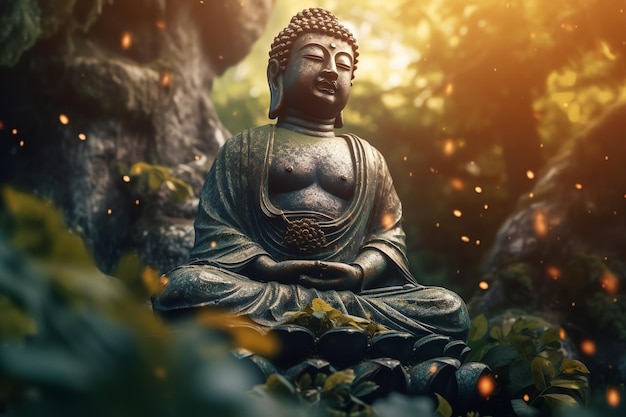 Een beeld in een bos met het woord boeddha erop