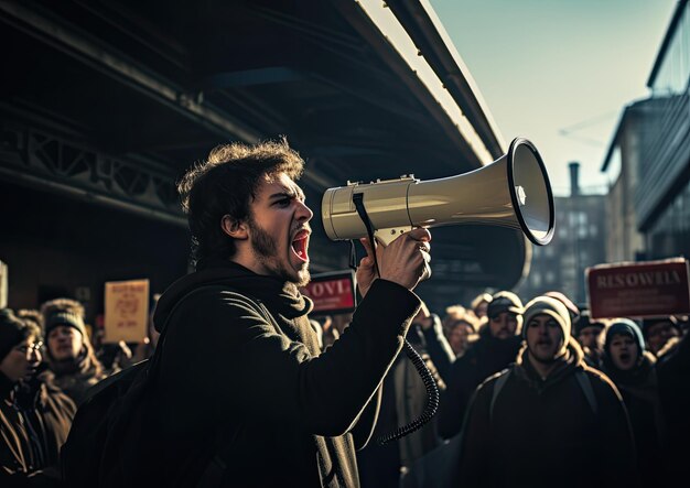 Foto een beeld in straatfotografiestijl van een persoon die een zwarte megafoon vasthoudt, openhartig vastgelegd in een drukke straat