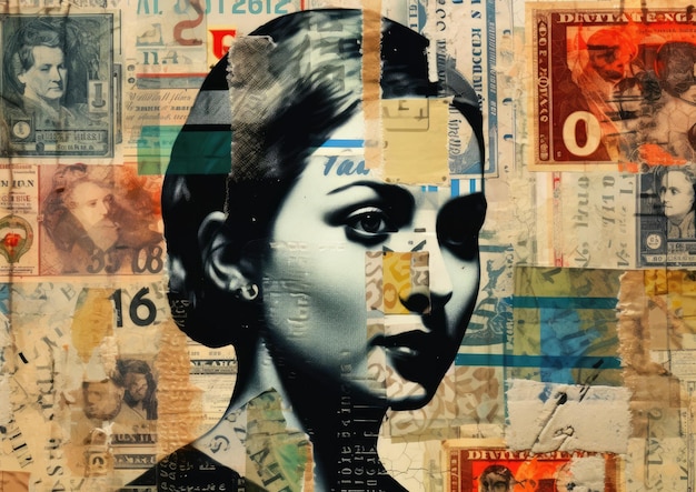 Foto een beeld met dubbele belichting van het gezicht van een postzegelverzamelaar bovenop een collage van postzegels