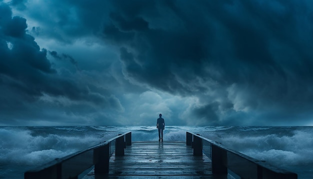 een beeld met het thema Blauwe Maandag van het silhouet van een persoon die aan de rand van een pier staat