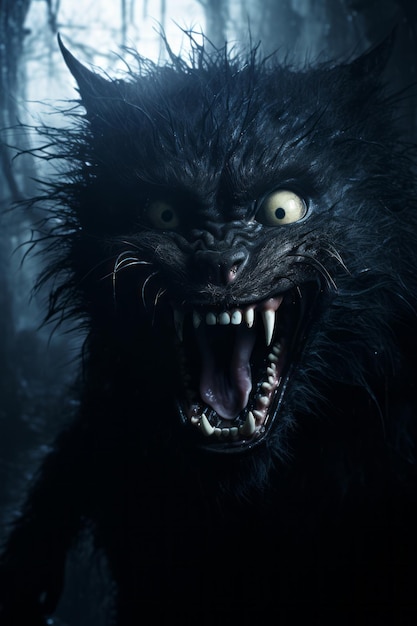 Foto een beeld van een angstaanjagende kat met zijn mond open