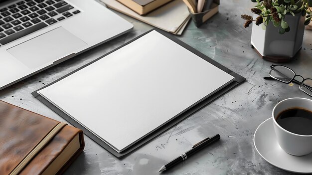 Een beeld van een bureau met een laptop boeken een plant een kop koffie glazen en een pen