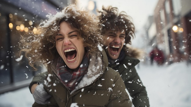 Foto een beeld van een echtpaar dat speels een sneeuwbalgevecht voert, dat een gevoel van lichtheid en