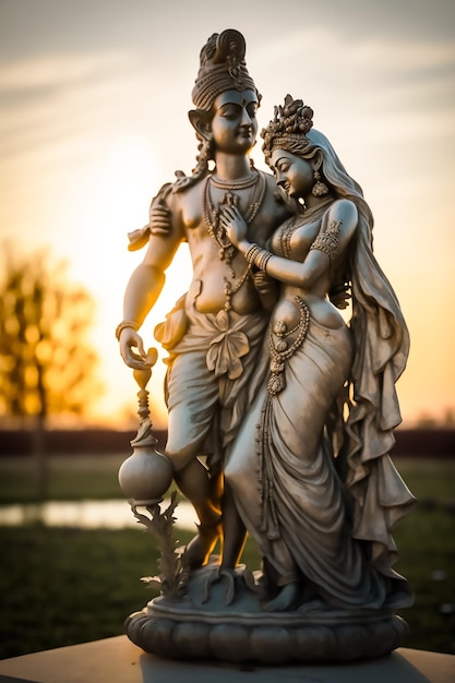 Een beeld van een godin en een vrouw met op de achtergrond een wereldbol.