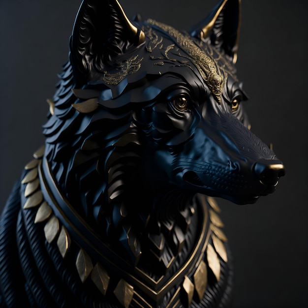 Een beeld van een hond met gouden en zwarte aftekeningen en de kop van een wolf.